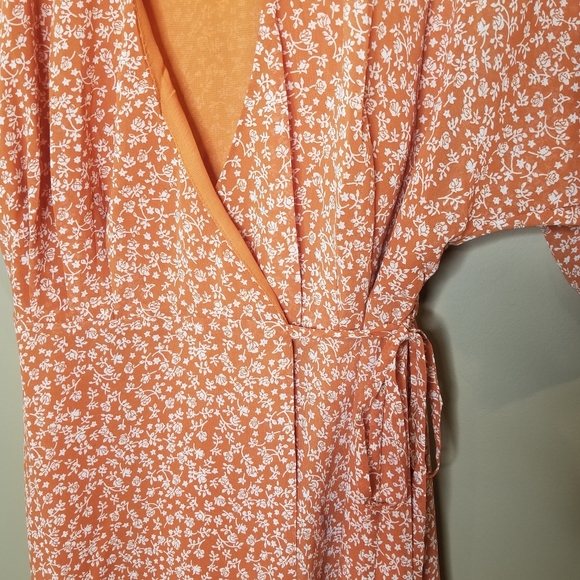 orange ditsy floral flutter sleeve chiffon v-neck Cottagecore Wrap Dress - Picture 6 of 7